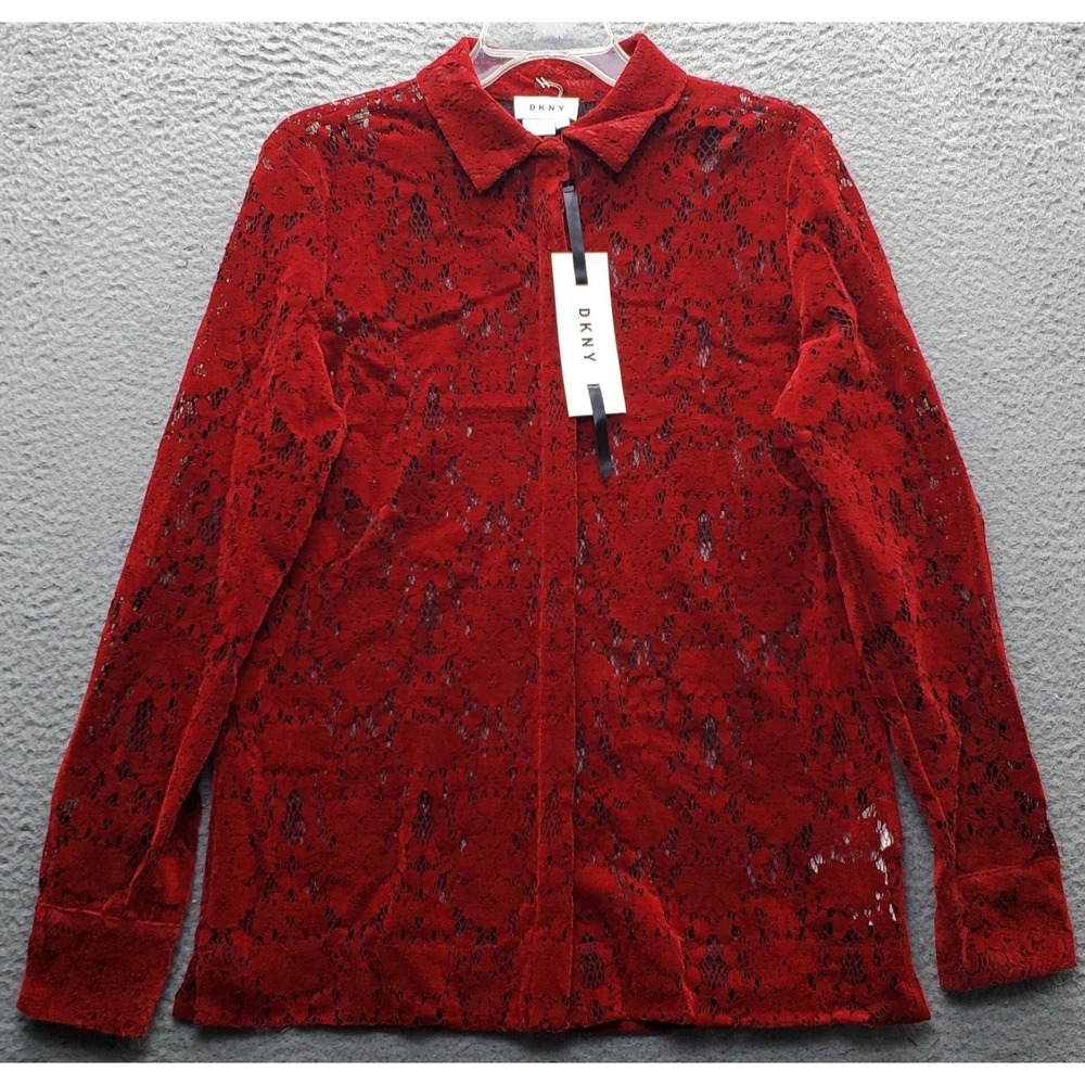 DKNY Lace Velvet Scarlet Shirt Top Womens Small Red Long Sleeve Collar P4622924R